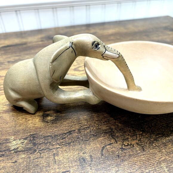 Hand Carved Elephant Drinking Trinket Dish Bowl Jacaranda Wood Sculpture Decor - Picture 9 of 11